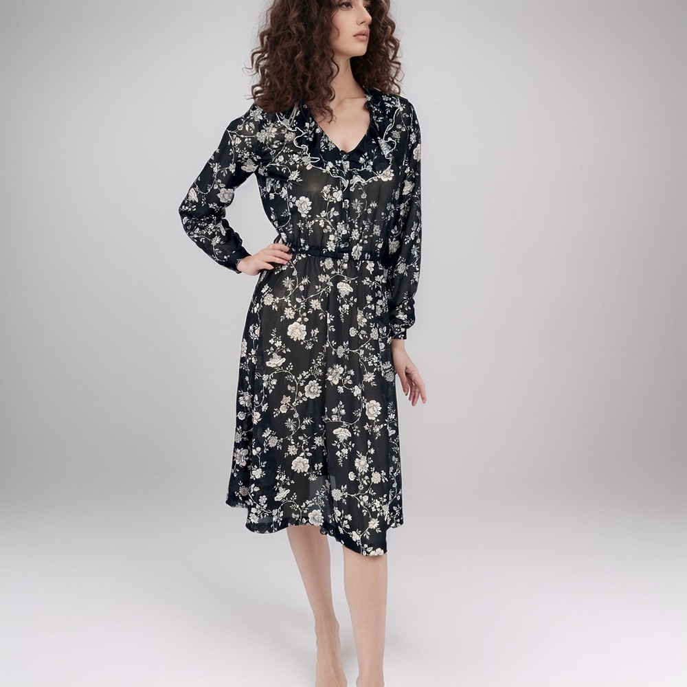 Vintage 70s Black Floral Midi Dress | Ruffled Collar | WhimsyGoth | Small